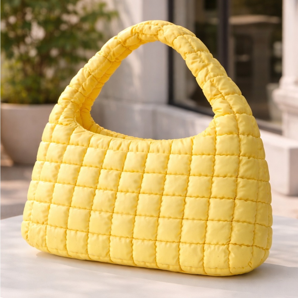 Urban Expressions Butter Yellow Puffer Shoulder Bag Quilted Tote Vegan Trendy